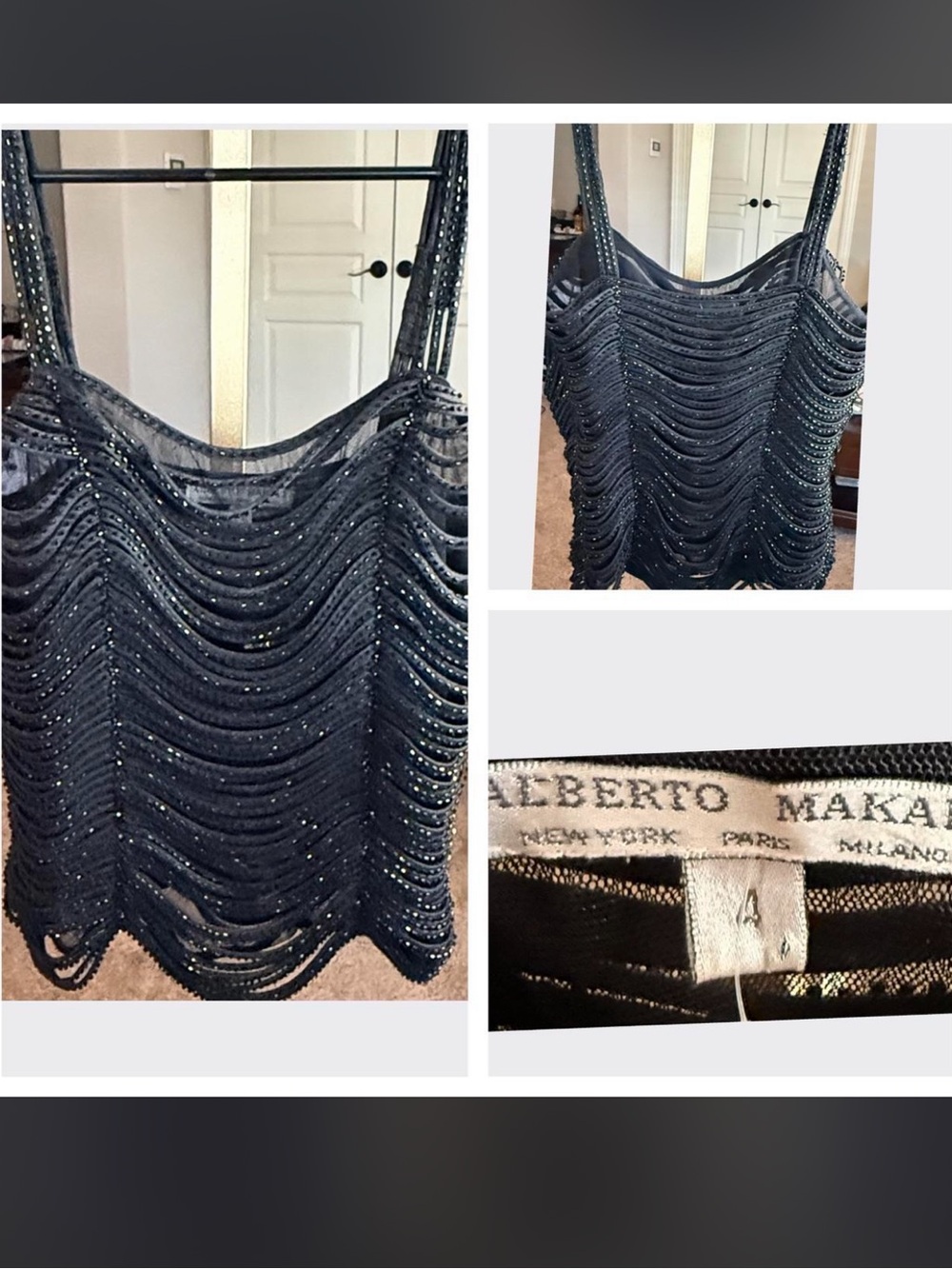 Alberto Makali Black Beaded Draped Scoop Neck Tank Top